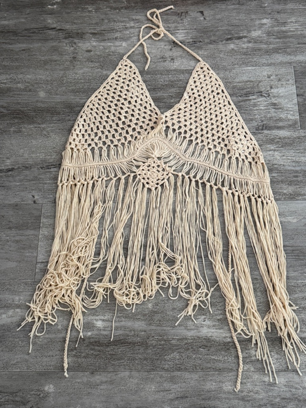 Bohemian Festival Crochet Halter Fringe Top in Cream - Picture 5 of 7